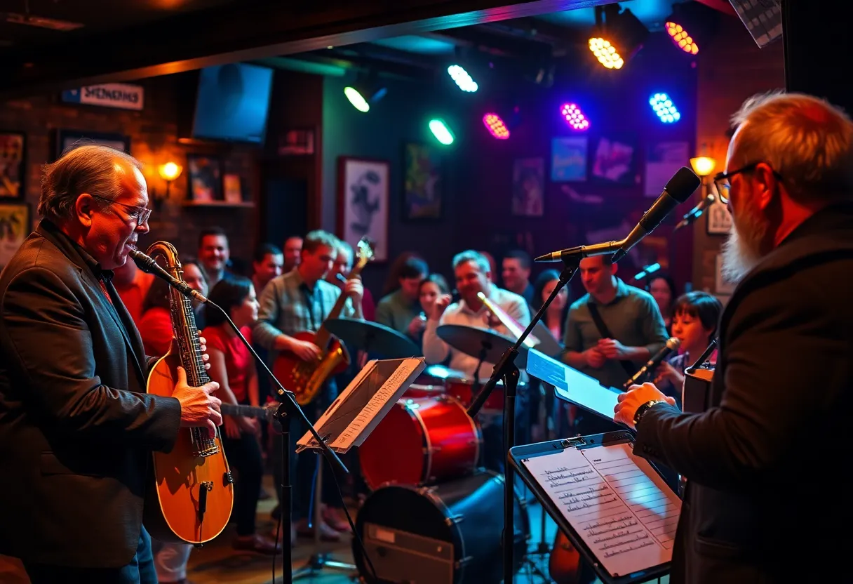Crowd enjoying a lively jazz concert featuring musicians.