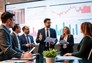 Entrepreneurs discussing strategies in an Indianapolis business setting with economic charts.