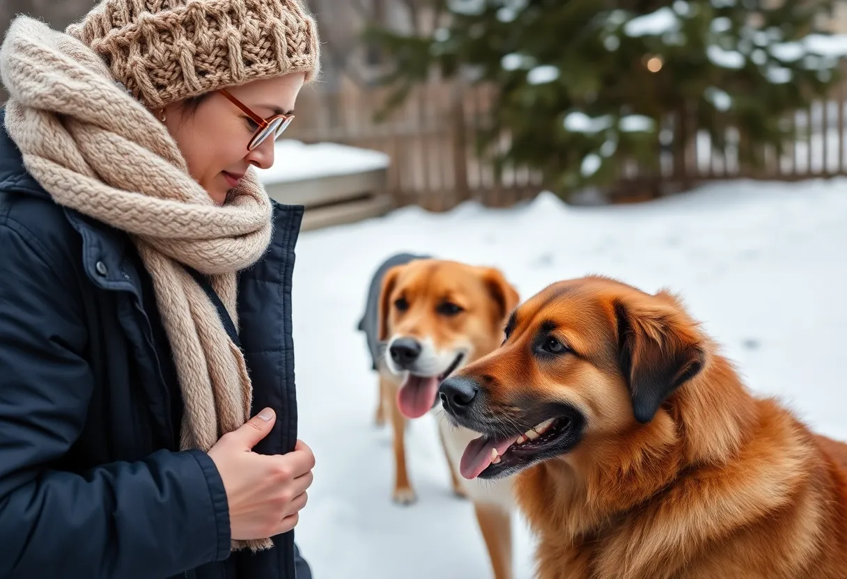 Nonprofit worker caring for dogs outdoors during cold weather