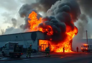 Firefighters respond to a fire at an abandoned tire shop
