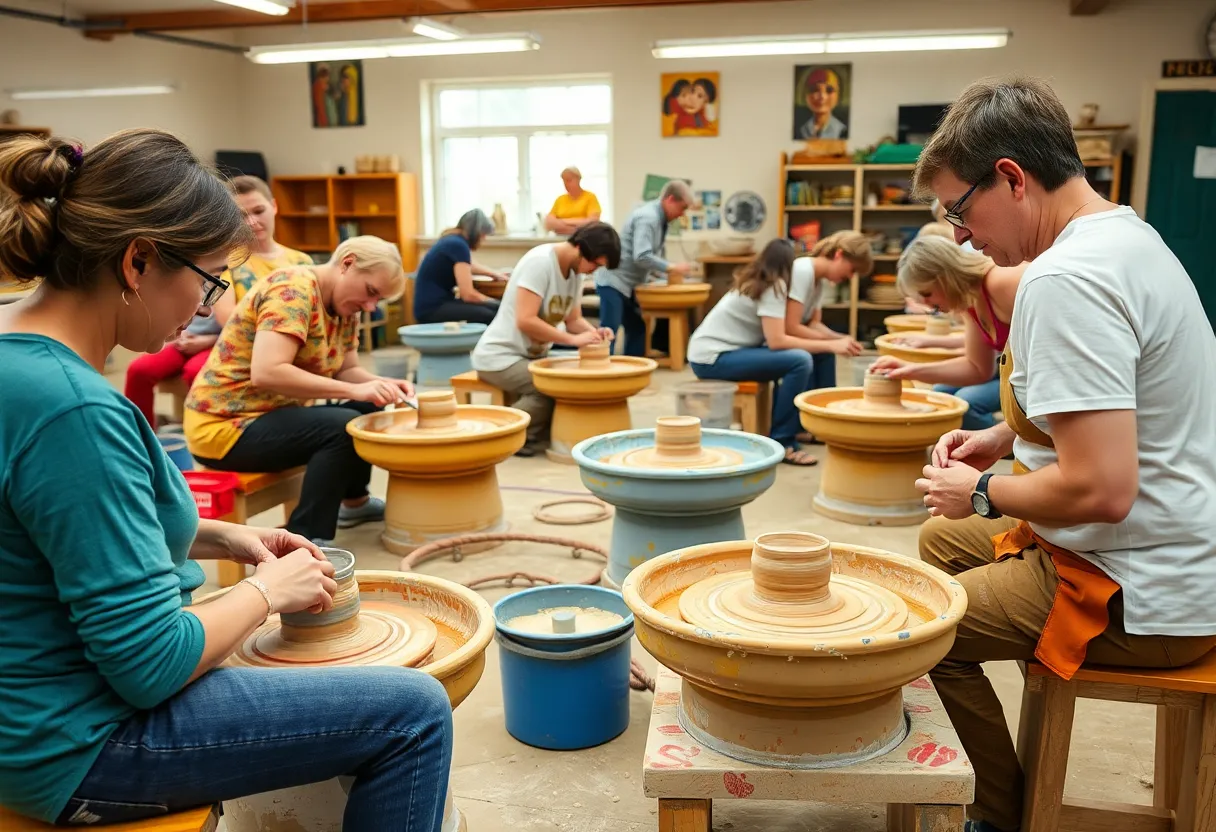 Participants engaged in wheel throwing pottery at the Fishers workshop.