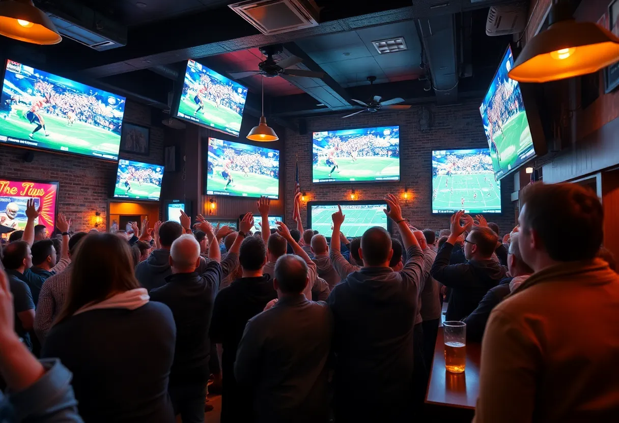 Fans gathered at a bar watching College Football Championship on TV