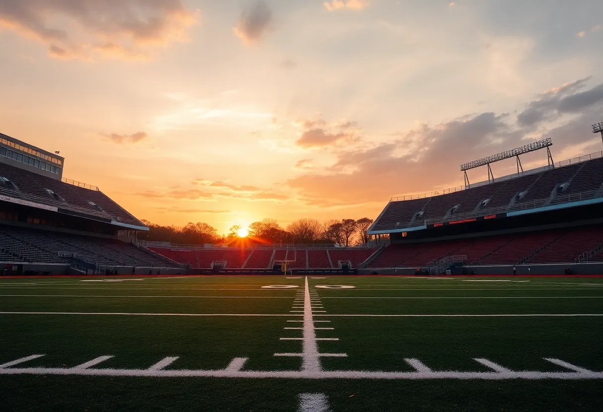 A serene football field at sunset illustrating career transitions.