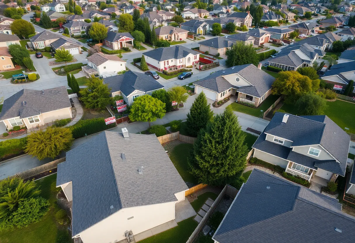 Aerial view of suburban homes with foreclosure signs.