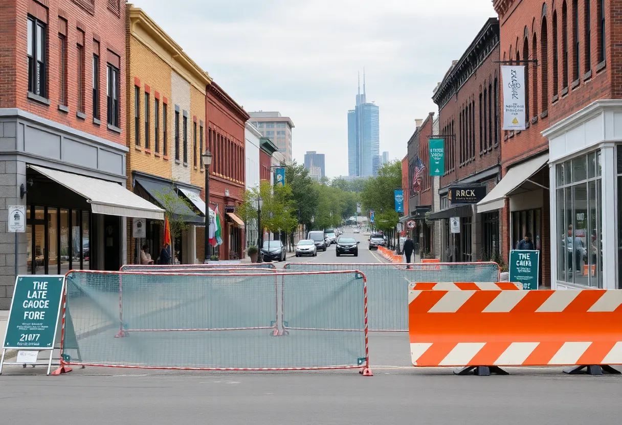 Workers and construction barriers in Fountain Square neighborhood