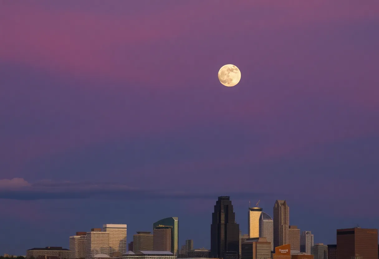A full moon illuminating the Indianapolis skyline at night.