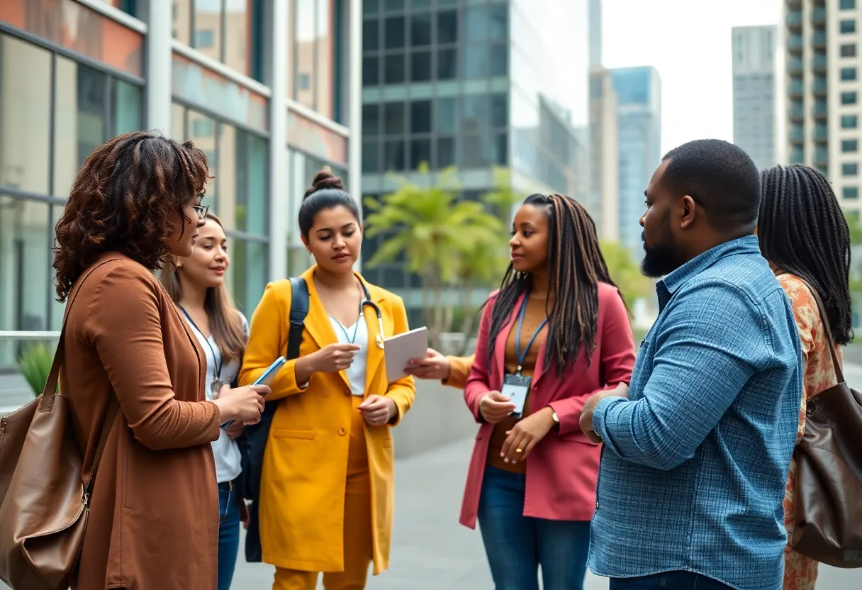 Group discussion on healthcare policy in an urban environment.