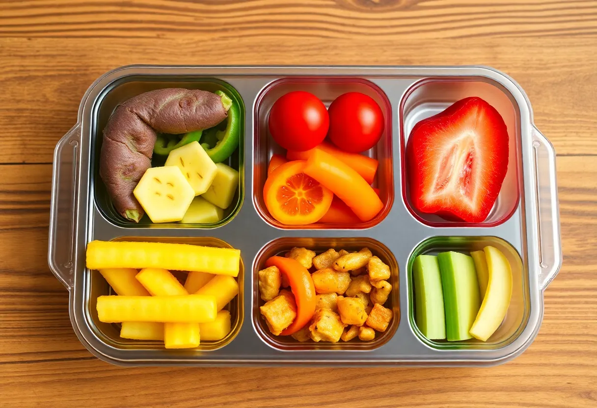 A nutritious school lunch tray filled with fruits and vegetables, promoting healthy eating habits in children.