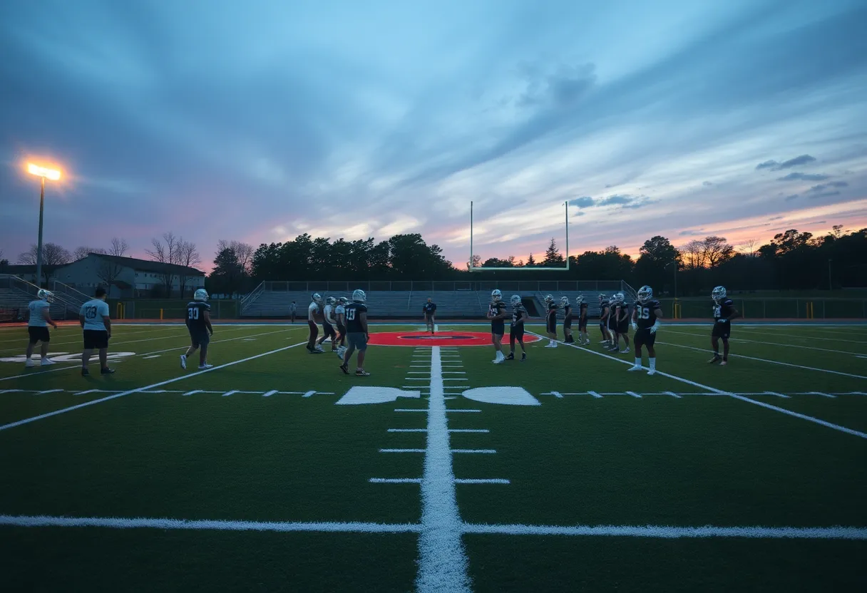 High school football players practicing on a field