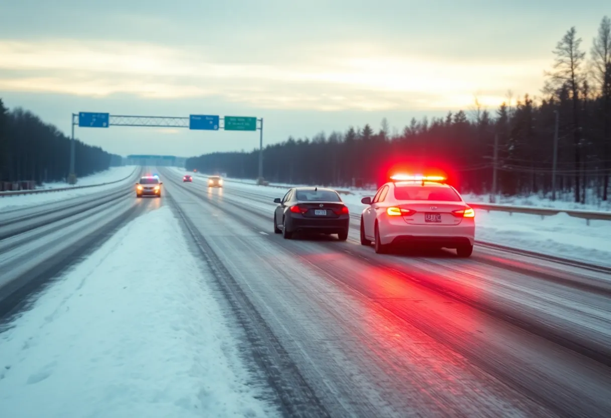 Police car responding to a high-speed chase on a snow-covered highway.