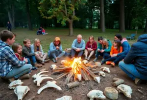 Families gathered around a campfire at Holliday Park during the Campfire Bones event.