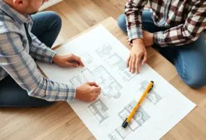 Homeowner and builder discussing home vision with blueprints
