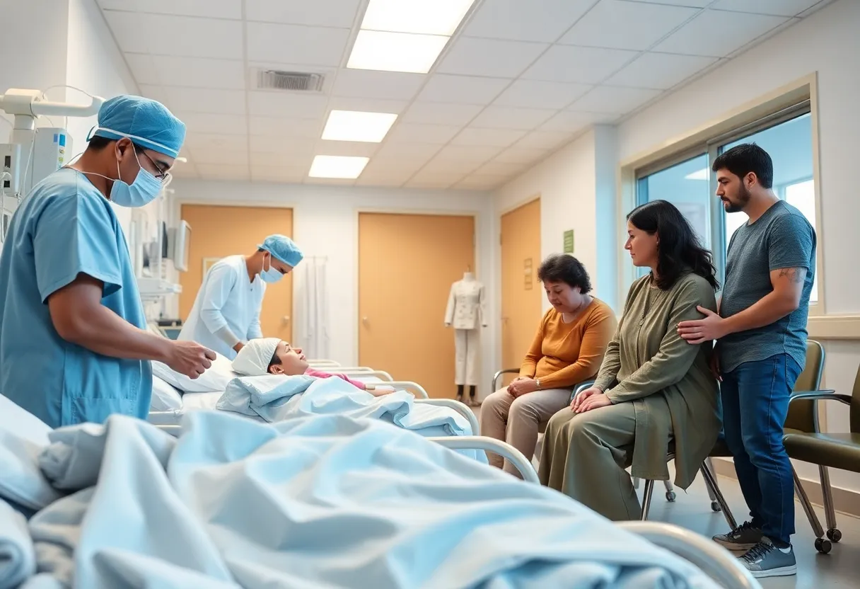 Hospital scene showing supportive family members and medical staff