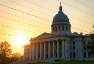 Legislative building in Indiana with power lines