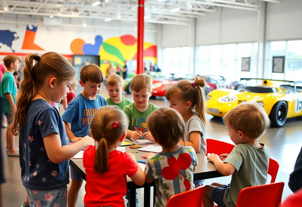 Children participating in summer camps at the Indianapolis Motor Speedway Museum, engaging with racing-themed activities.