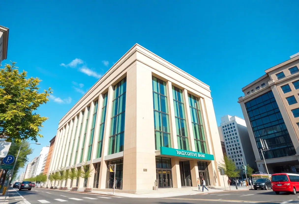 Modern bank building representing Indiana's banking sector.