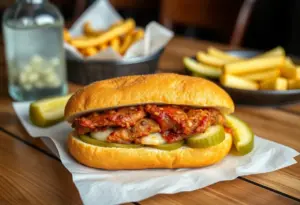 Breaded pork tenderloin sandwich on a bun with pickles and onions