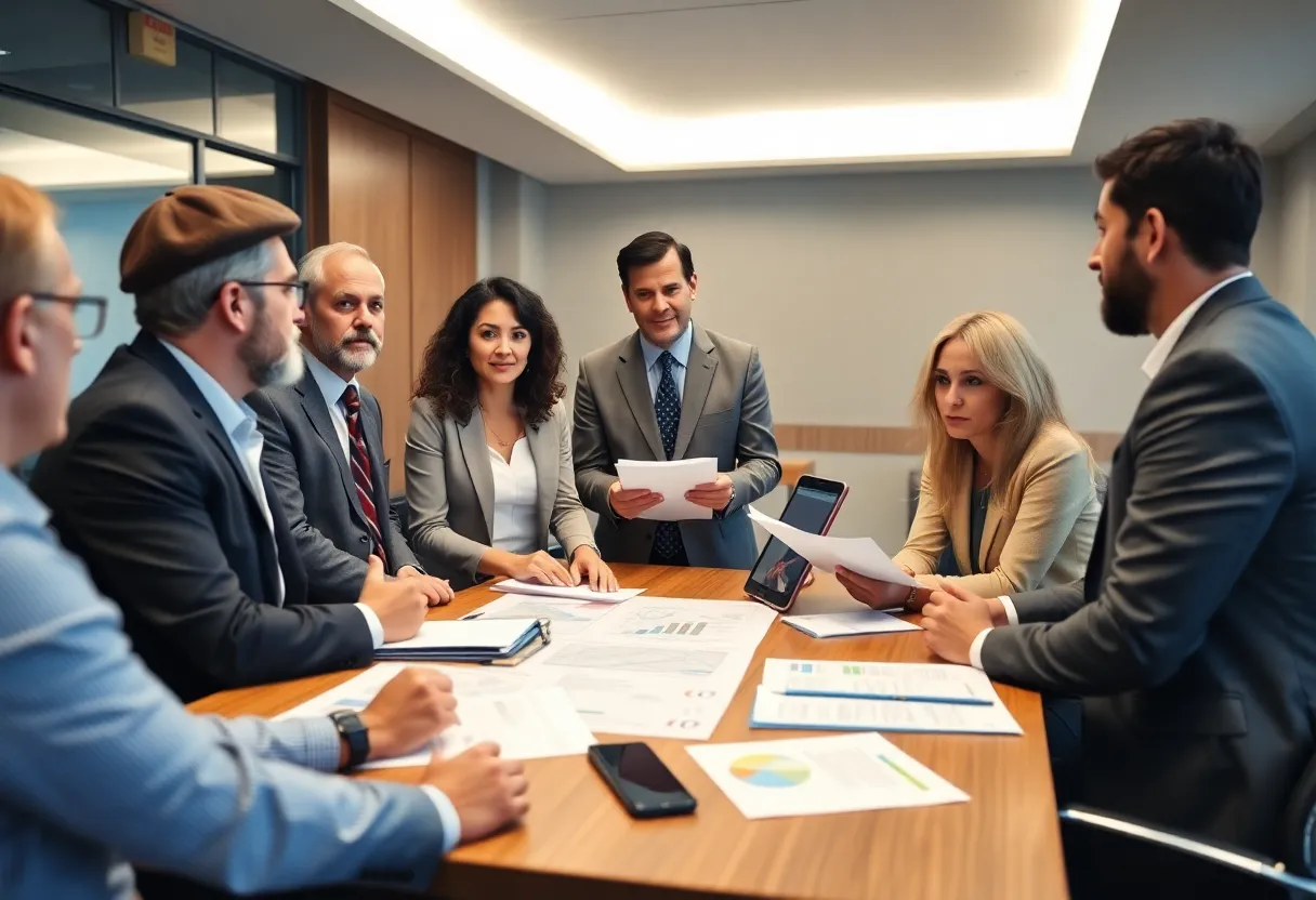 Business leaders reviewing documents about House Bill 1417 in a meeting