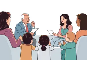 Illustration of Indiana lawmakers discussing child welfare reform