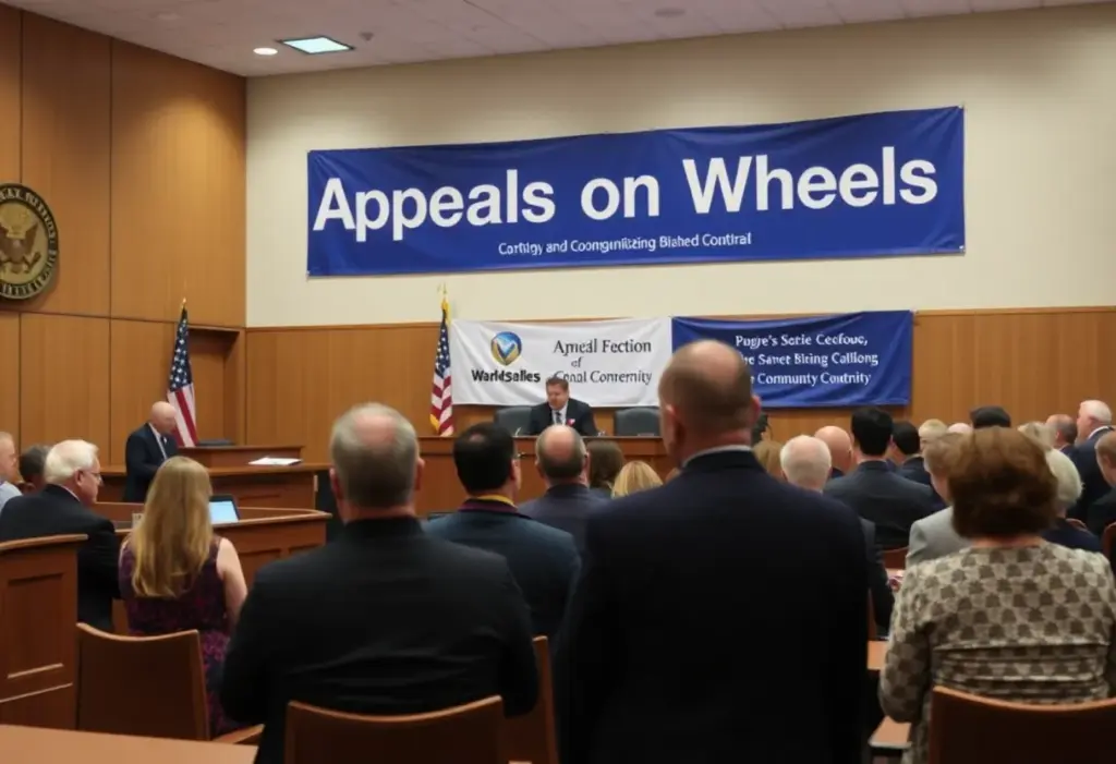 Courtroom scene during the Appeals on Wheels event with community participation.