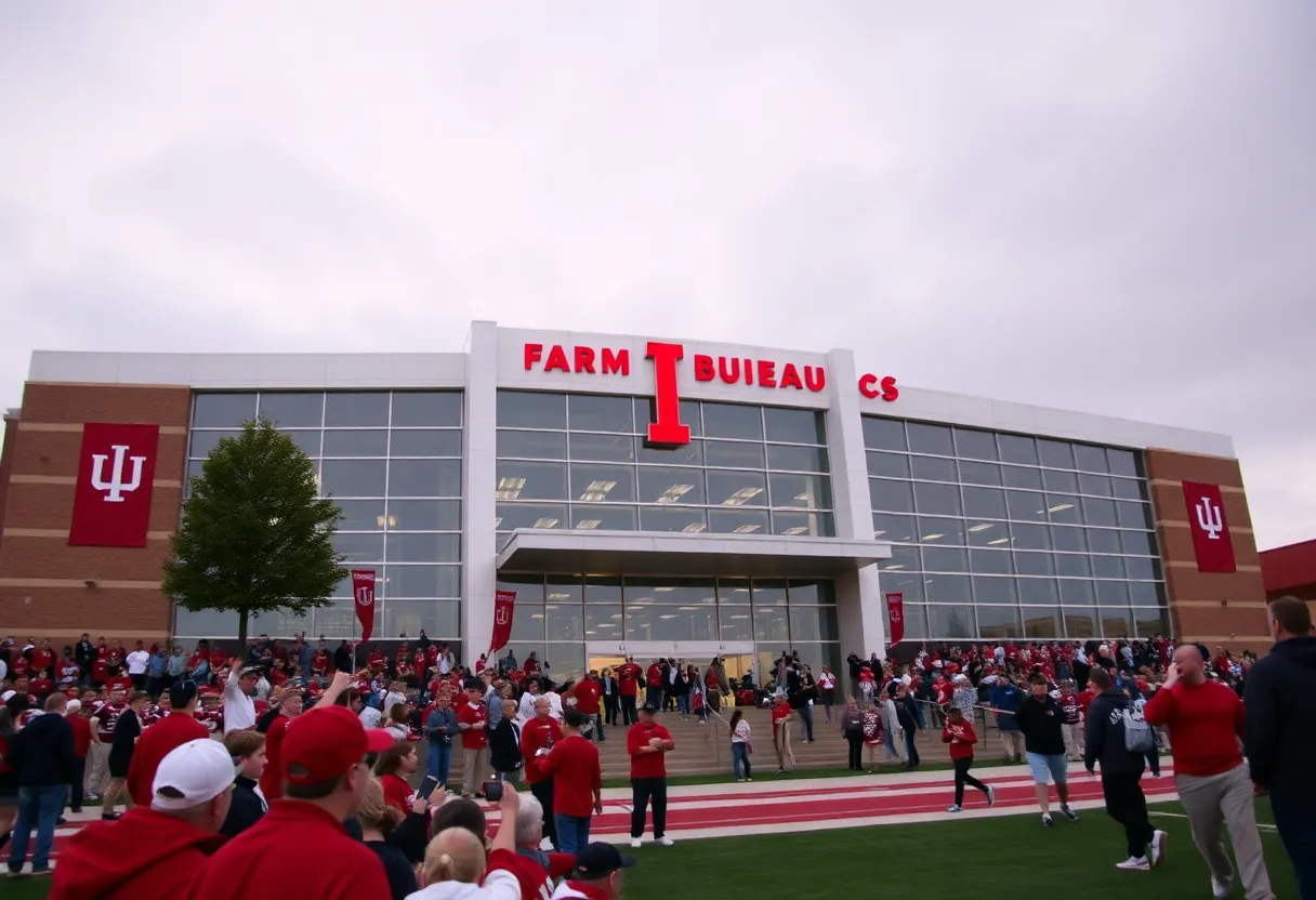 Exterior view of the Indiana Farm Bureau Football Center with team banners.