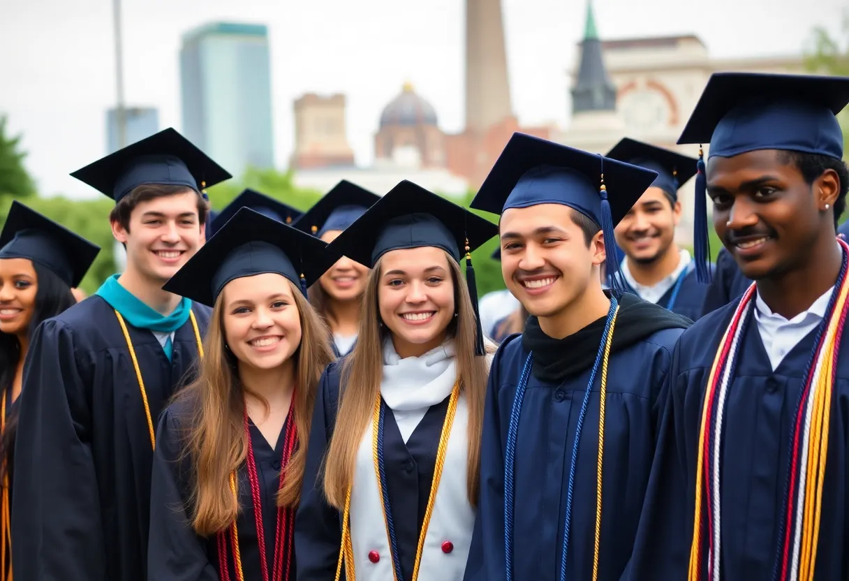 Diverse group of high school graduates celebrating outside