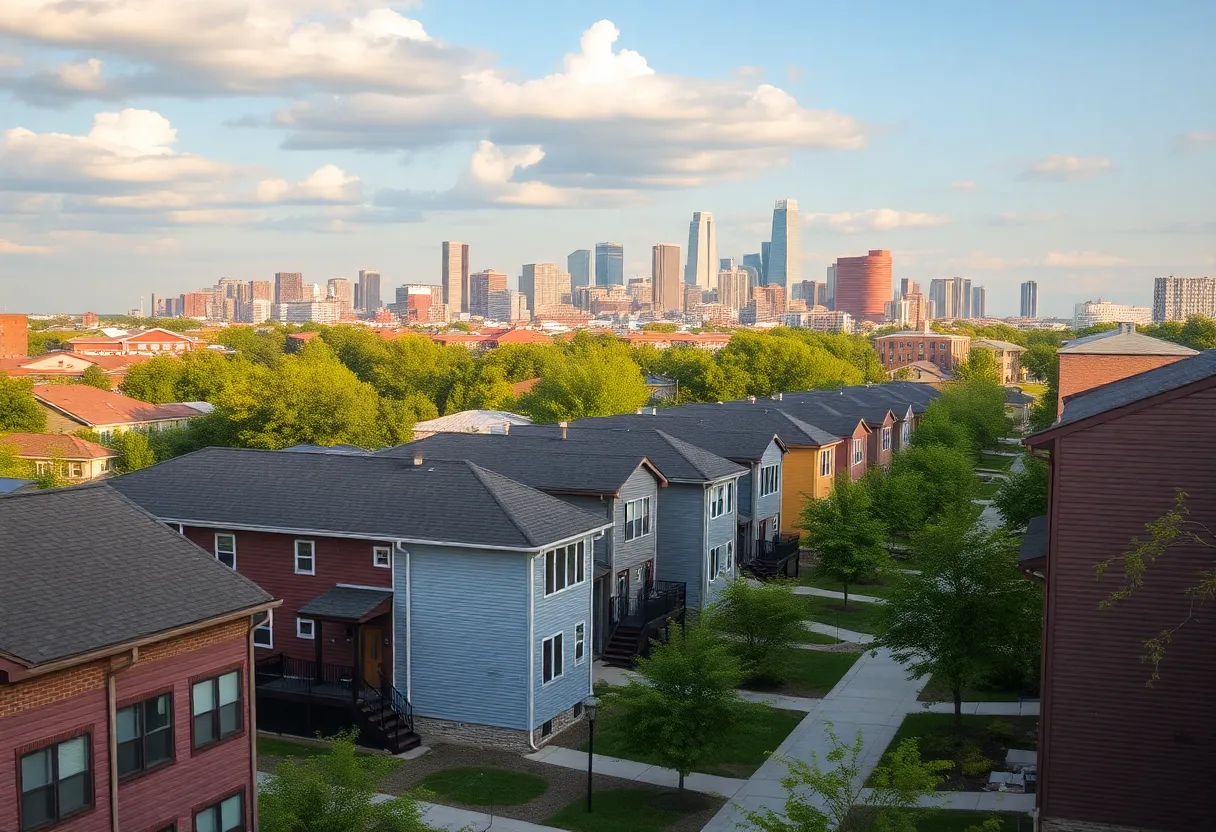 Affordable housing in Indiana with urban skyline