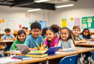 Classroom setting with students engaged in learning activities