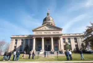 People discussing around Indiana legislative building about tax policies.