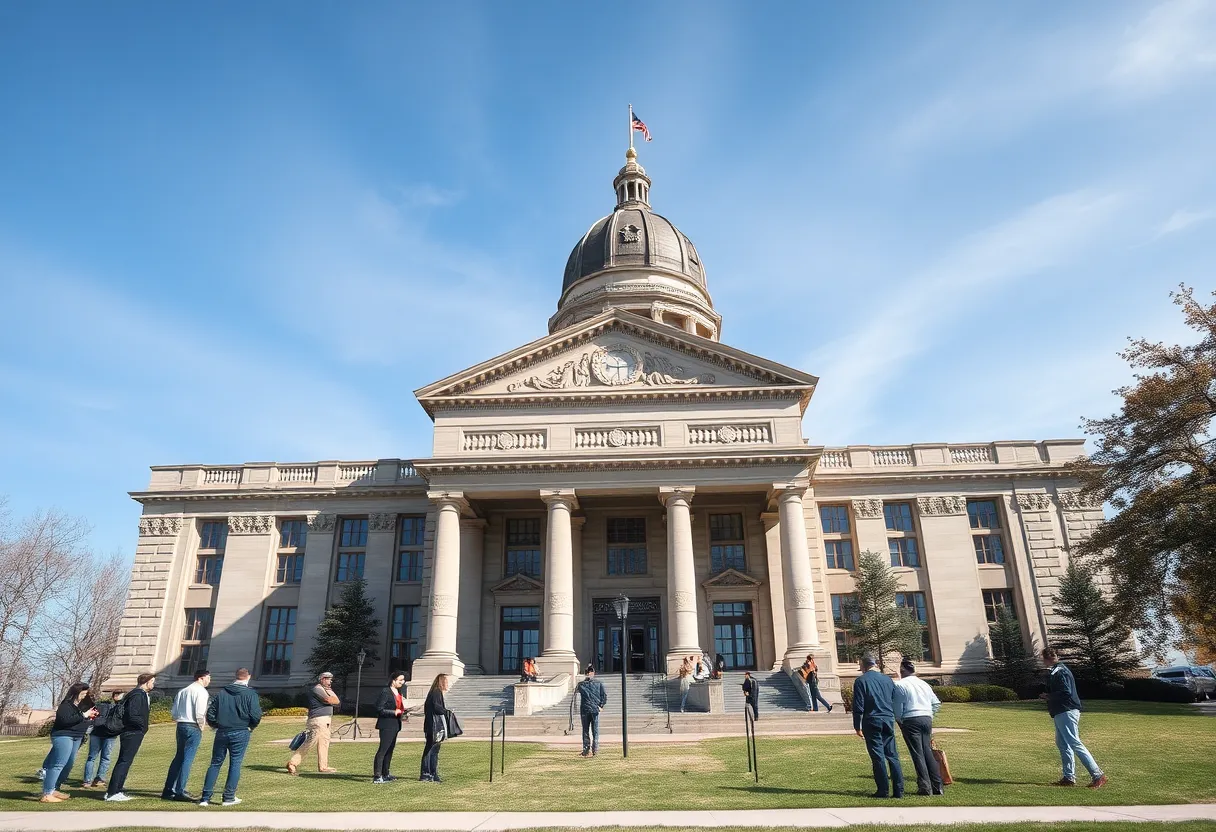 People discussing around Indiana legislative building about tax policies.