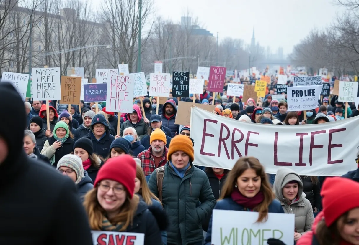 Participants marching at the Indiana March for Life rally in downtown Indianapolis