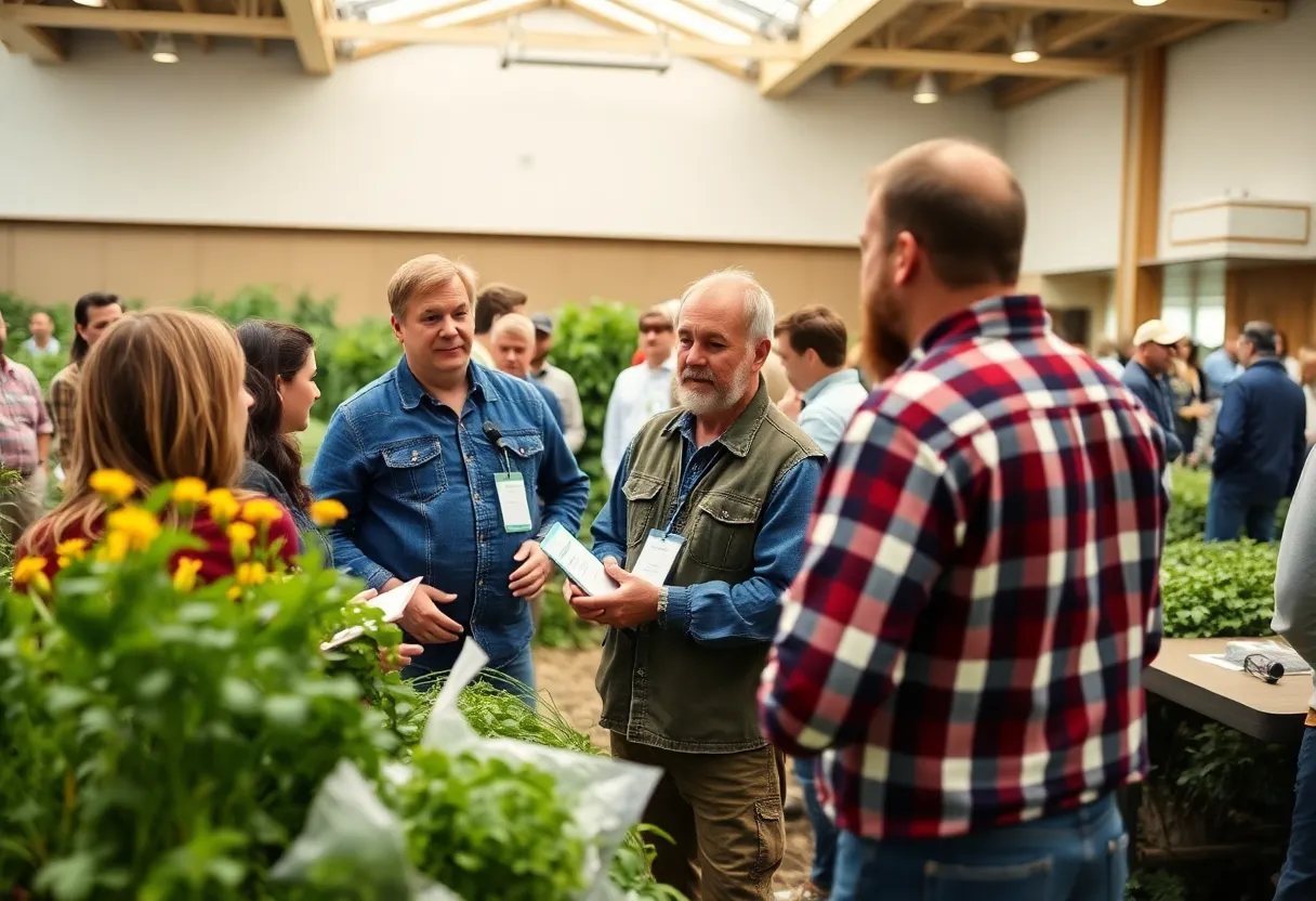 Farmers and agricultural professionals networking at the Indiana Organic Grain Farmer Meeting.