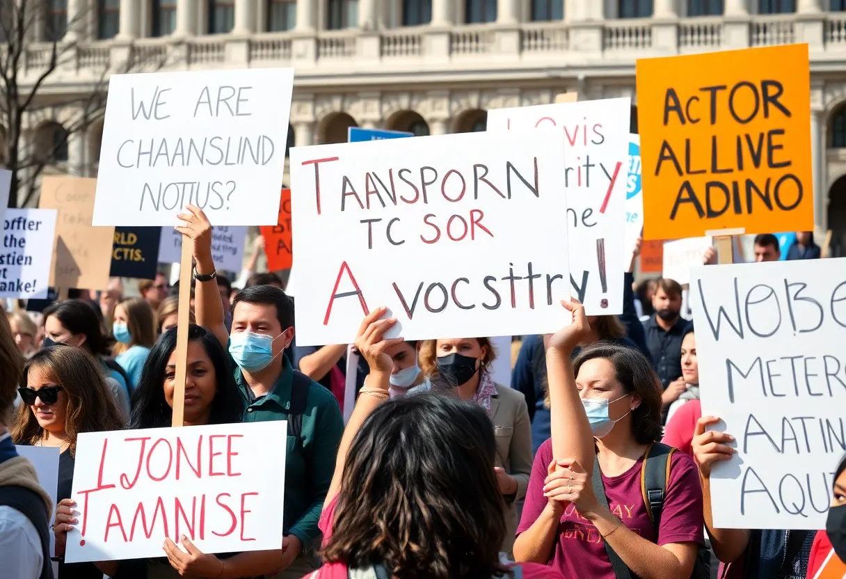 Demonstrators at a political rally advocating for transparency in lobbying.