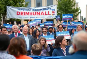 Candidates and supporters engaging at a Democratic campaign event in Indianapolis.