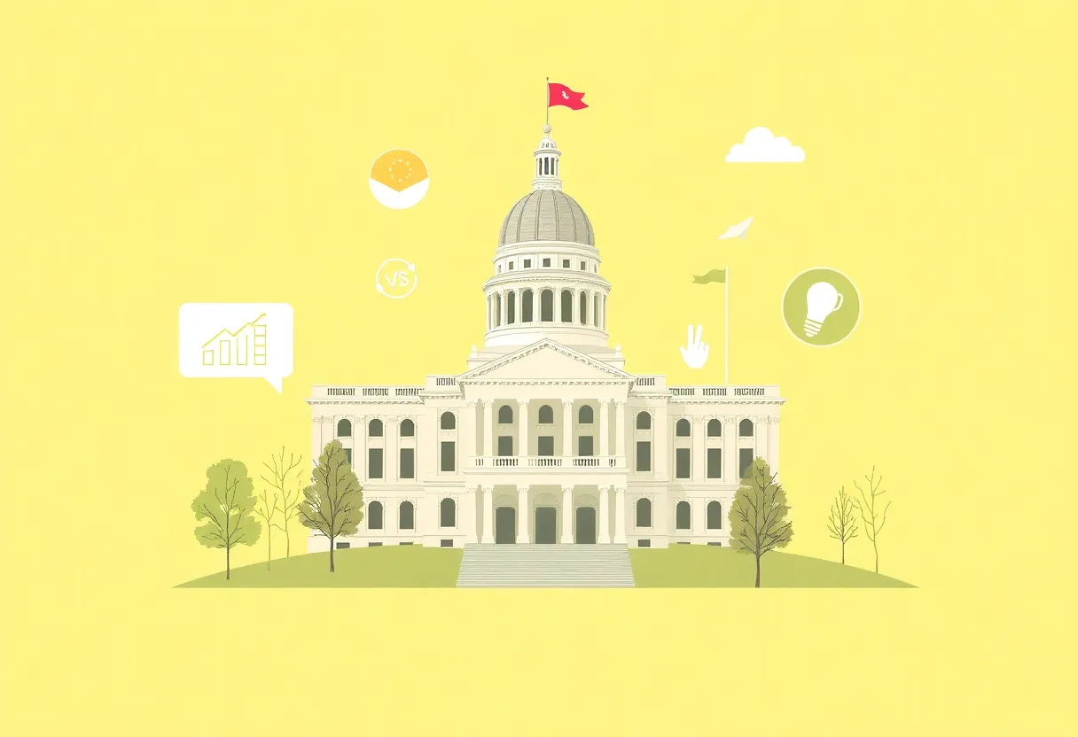 Illustration depicting Indiana State Capitol with themes of public assistance and safety