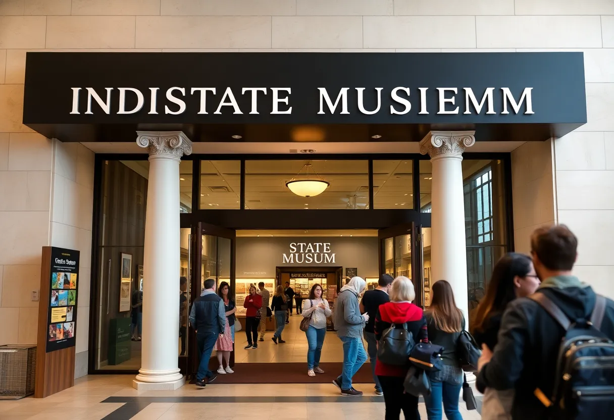 Entrance of the Indiana State Museum with visitors engaging in activities.