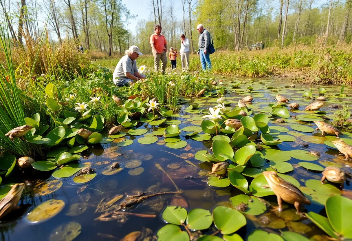 People participating in wildlife conservation in Indiana with diverse species in the background.
