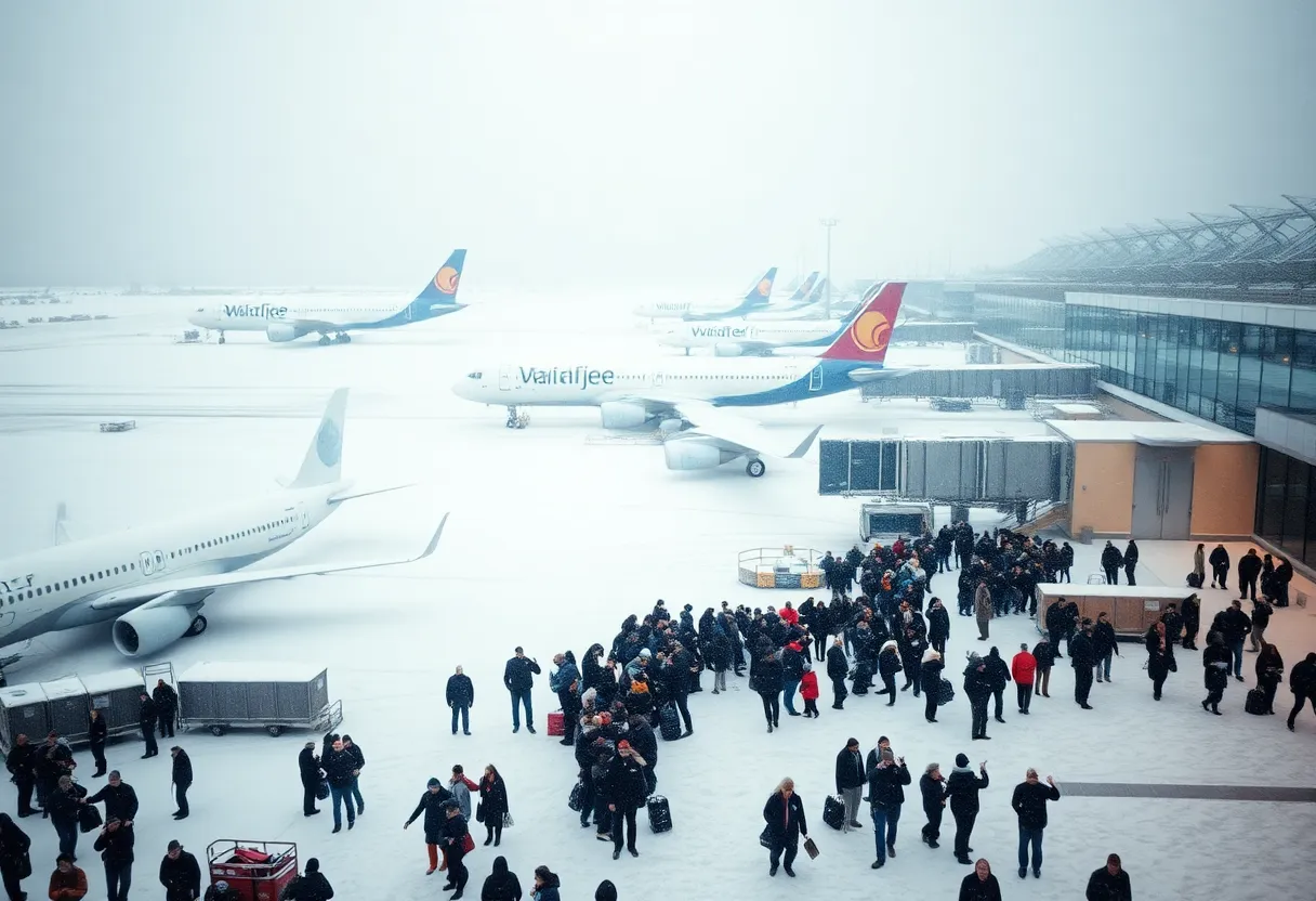 Indianapolis International Airport during a winter storm with flight cancellations
