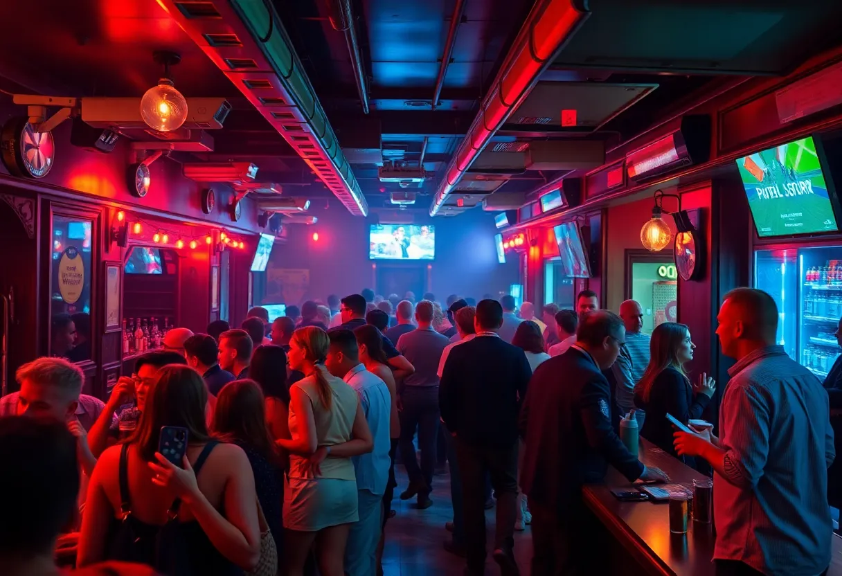 Scene of a bar in Indianapolis with visible security measures