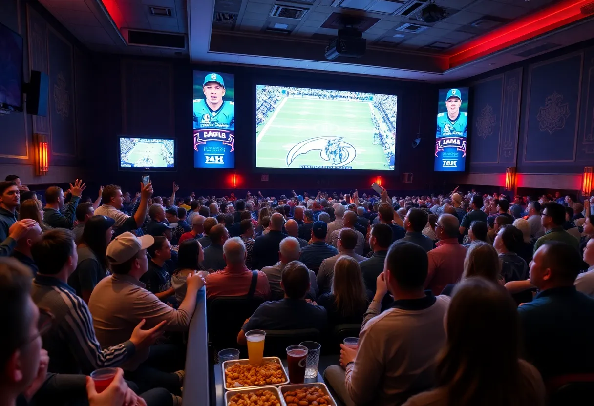 Crowd enjoying a watch party for the College Football Playoff at Athenaeum's Basile Theatre in Indianapolis.