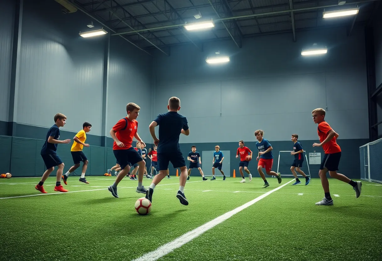 High school athletes practicing football skills during the Colts 7-on-7 Series