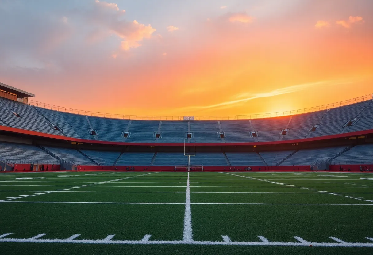 Empty football field of the Indianapolis Colts at sunset