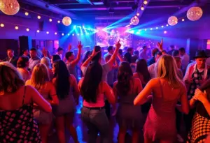 An energetic crowd enjoying a disco-themed dance event.