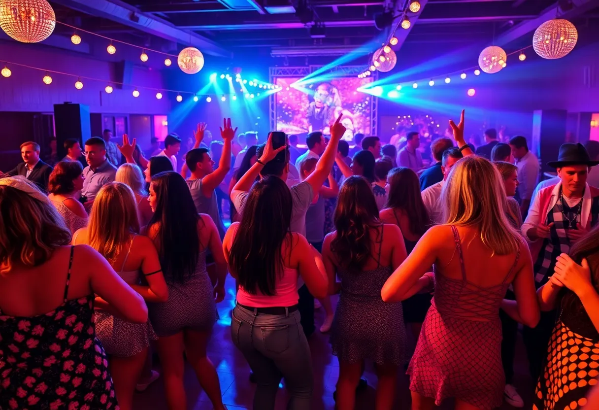 An energetic crowd enjoying a disco-themed dance event.