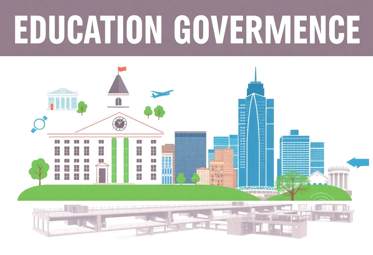 A visual representation of Indianapolis education governance with school buildings and city skyline.