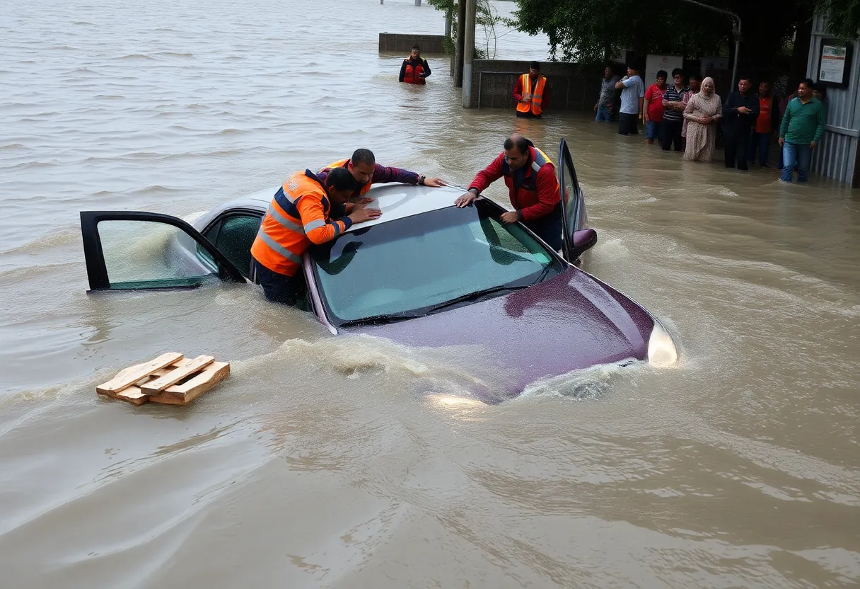 Rescue scene of a car submerged in floodwaters in Indianapolis.