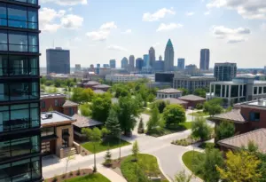 A beautiful skyline view of Indianapolis with residential neighborhoods in the foreground.