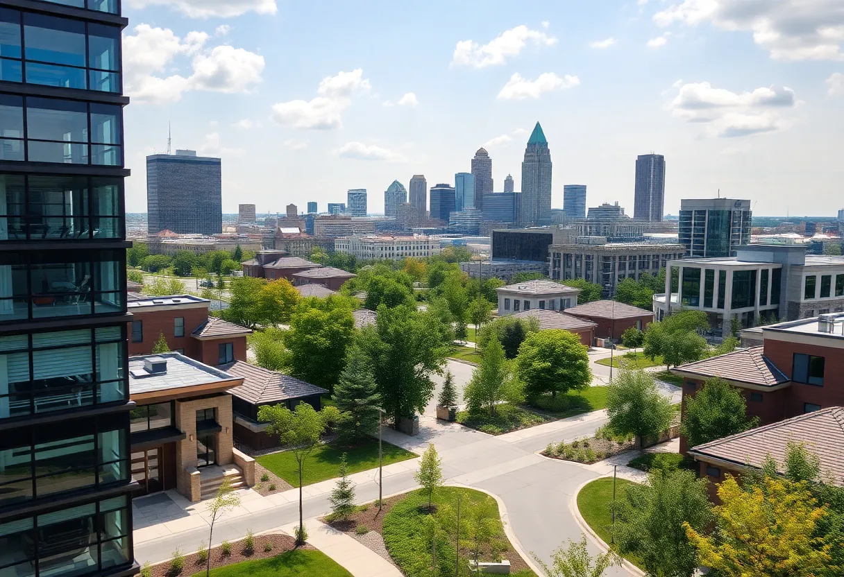 A beautiful skyline view of Indianapolis with residential neighborhoods in the foreground.