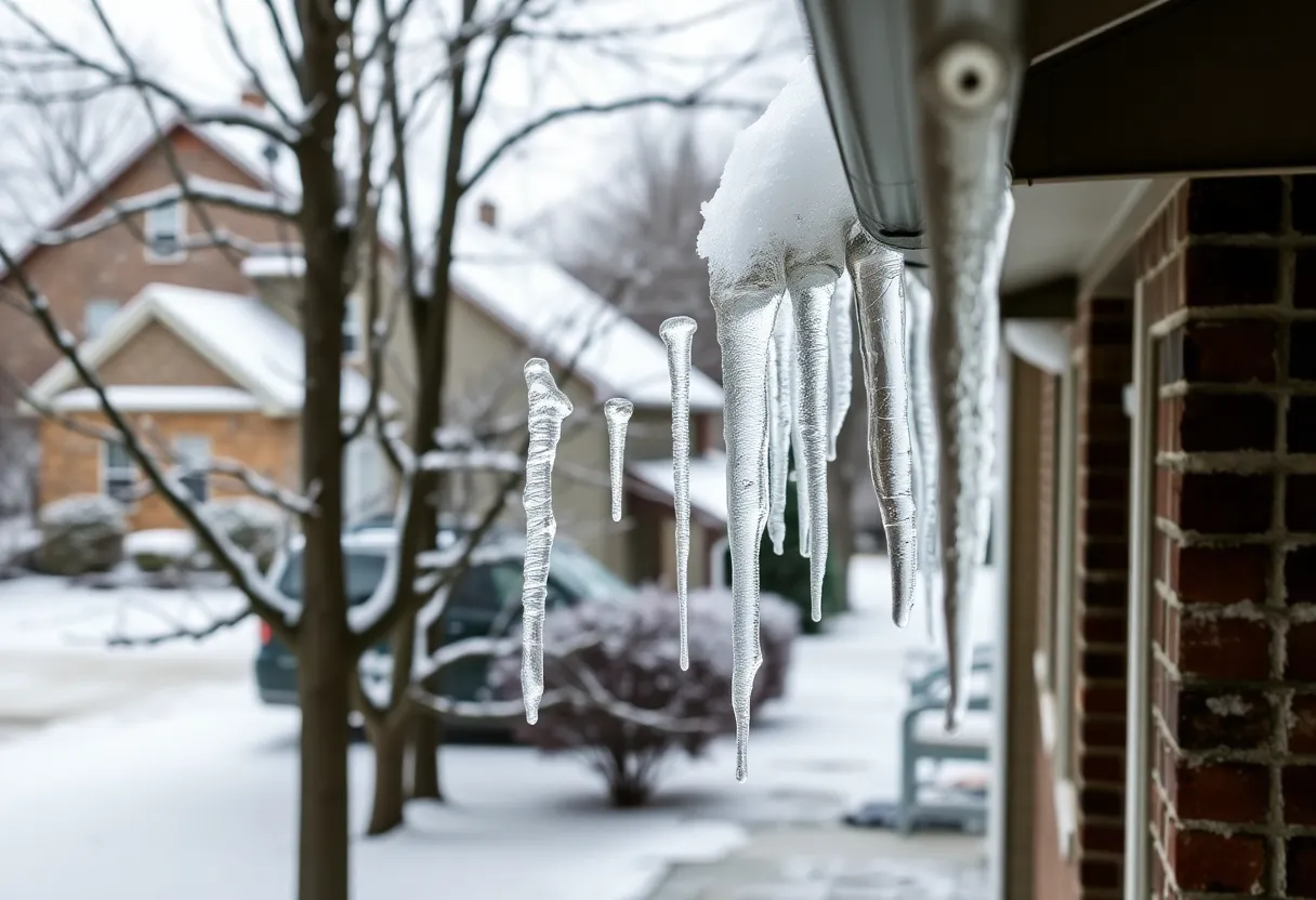 Icicles hanging from a roof in Indianapolis after snowfall