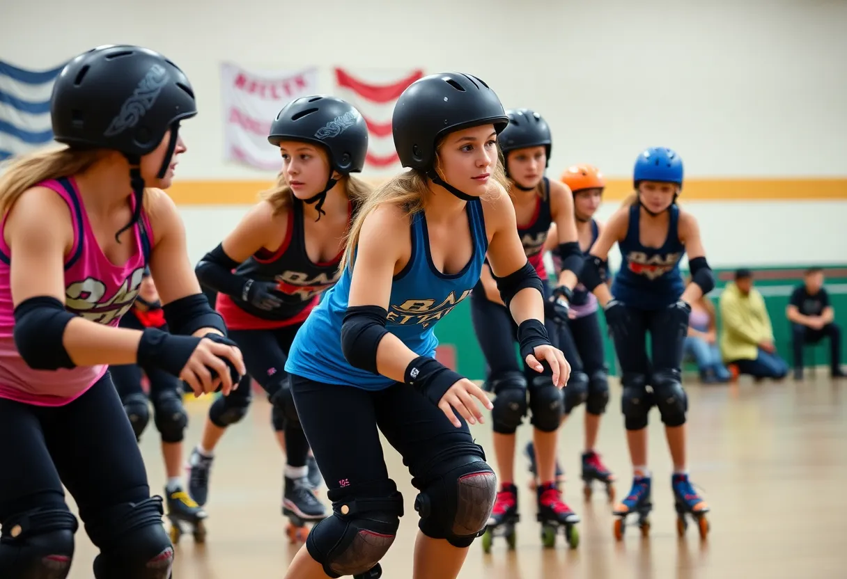 Young athletes practicing roller derby at the Indianapolis Junior Roller Derby.